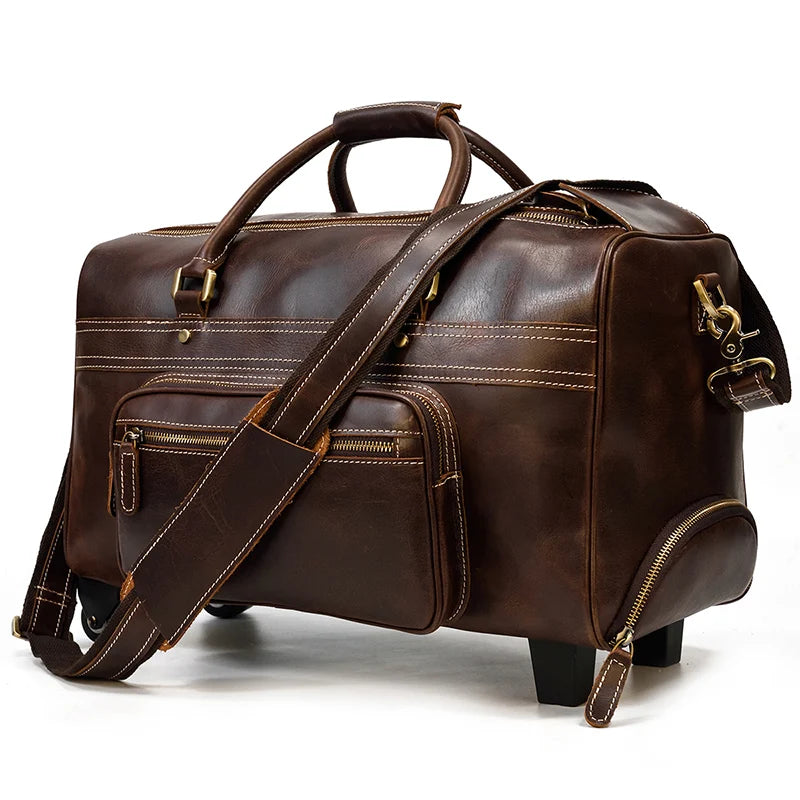 Large genuine leather luggage bag wheels duffle bag trolley case hand luggage with rolls men women leather Trolley Case flights