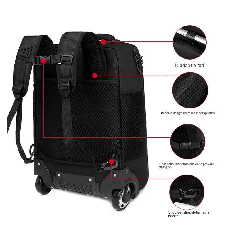 Rolling Backpack for Men Adults Business Carry on Luggage Laptop Wheeled Backpack Travel Suitcase Trolley Bag with Wheels,Black