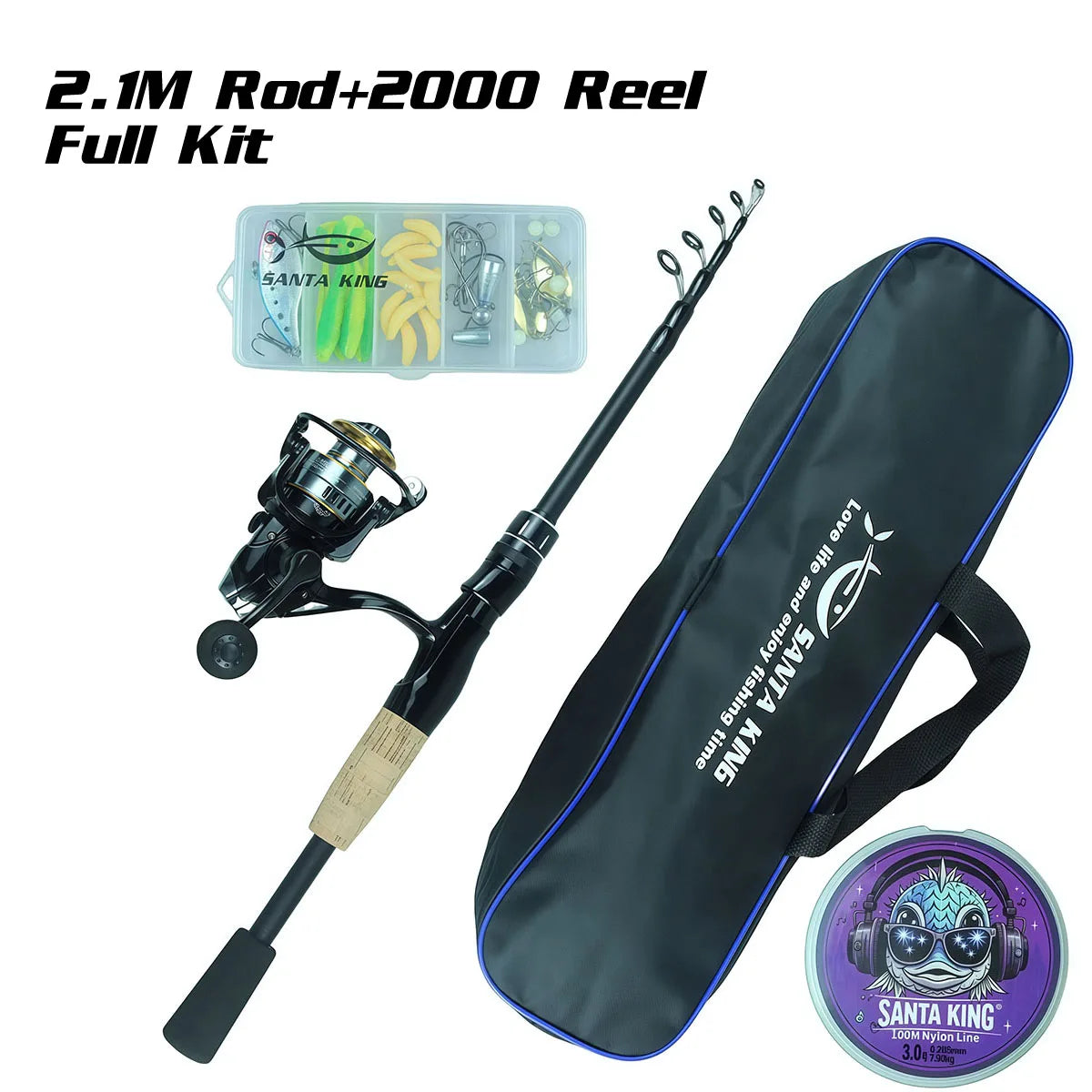 Portable Fishing Rod and Reel Full Kit Rod and 5.2:1BB Spinning Reel Line Lure Bag for Travel Fishing Saltwater Freshwater
