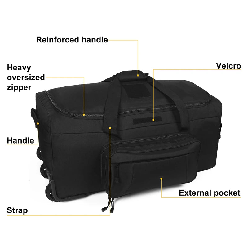 124L Large Capacity Tactical Duffel Bag Rolling Luggage for Heavy-Duty Camping Hiking Luggage Travel Suitcase