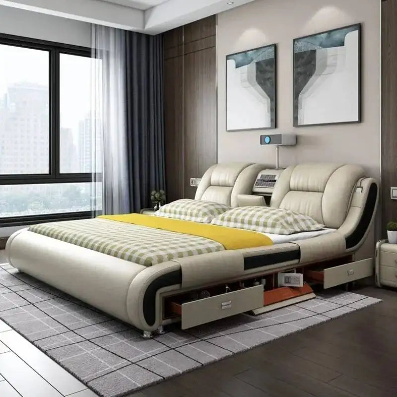 Queen Luxury Modern Double Bed Storage Multifonction Bedroom King Double Bed White Frame Smart Cama Box Casal Room Furniture
